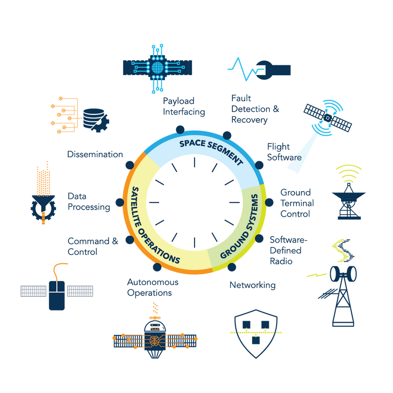 A graphic that depicts how SDL’s software development process meets customer’s needs for space ground, and satellite operations.