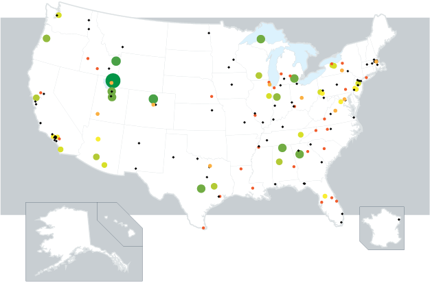 Map of the United States with location pins showing where SDL interns are from.