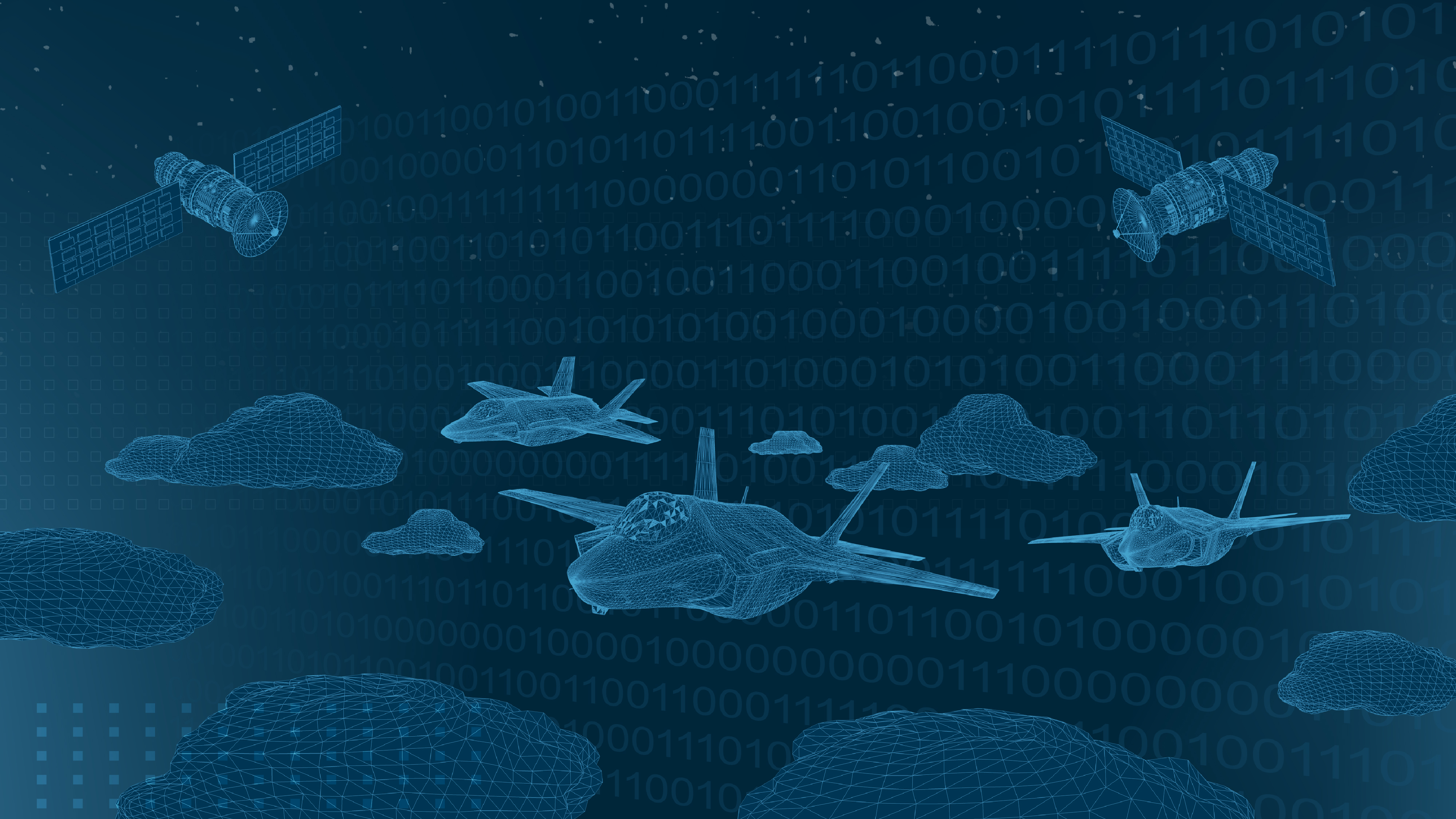 An illustration of fighter jets, satellites, and cyber ones and zeros in the atmosphere.